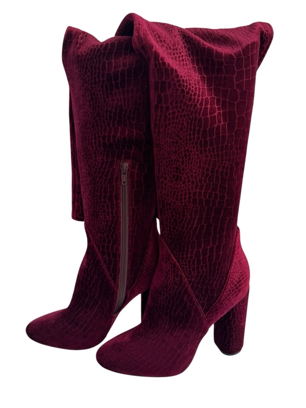 Aldo Red Wine Velvet Snakeskin Embossed Over The Knee Boots Sz 7.5 Chunky Heel